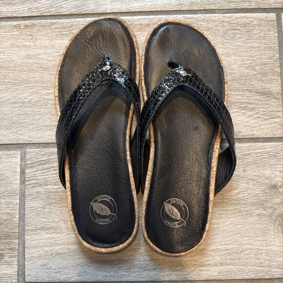 Nurture Laguna Leather Flip Flops Thong Sandals Size 7.5 Black Snakeskin Comfy - Picture 2 of 8